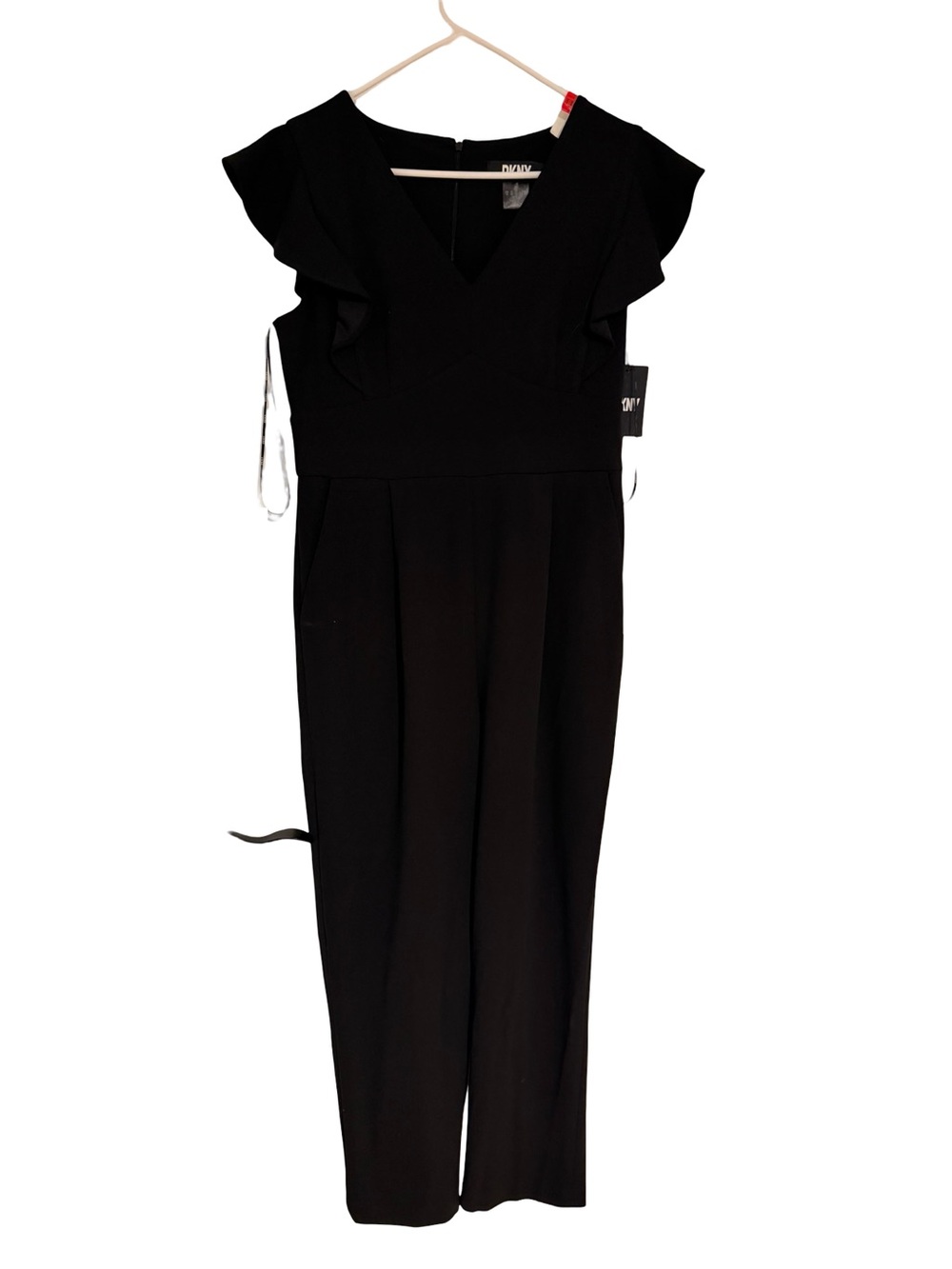 DKNY Black V-Neck Ruffle Sleeve Jumpsuit